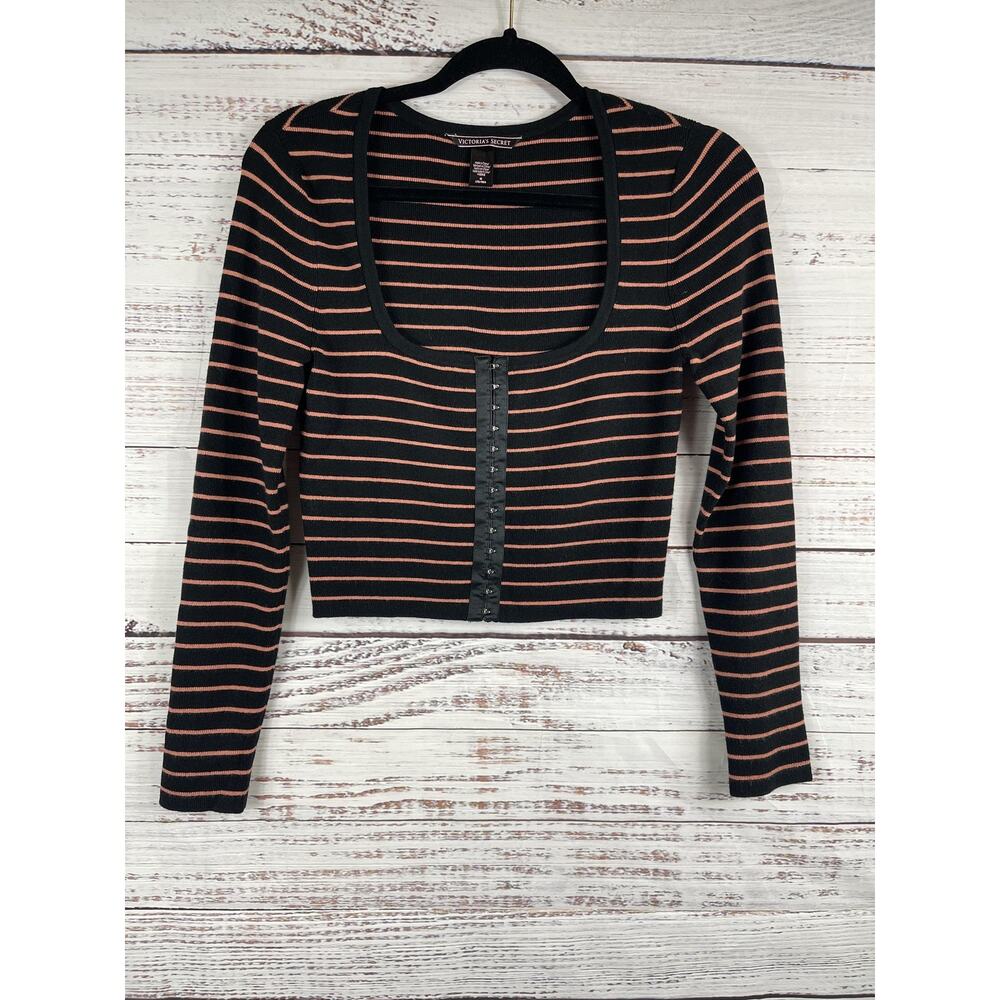 Victoria's Secret Sweater Women's Size M Striped Long Sleeve Crop Hook Front Top - Picture 7 of 8